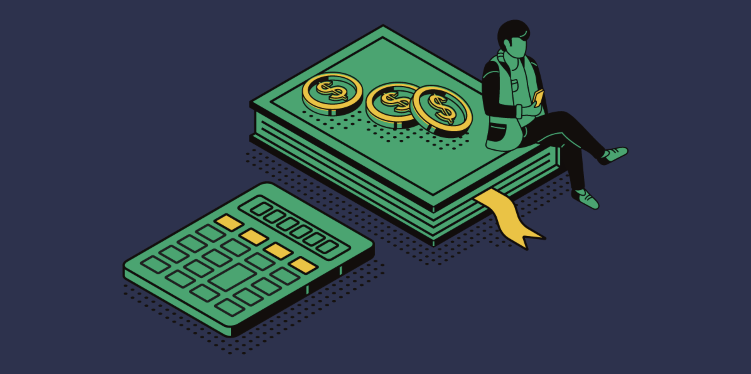 illustration of calculator paperwork and coins