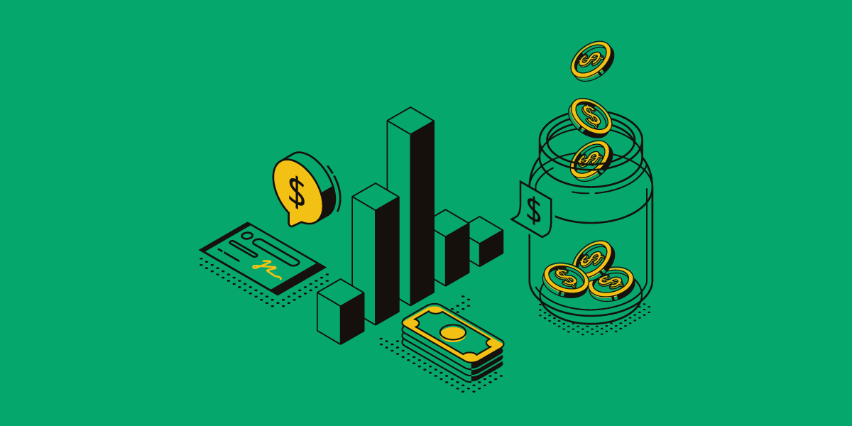 illustration of money jar cash check and bar graph