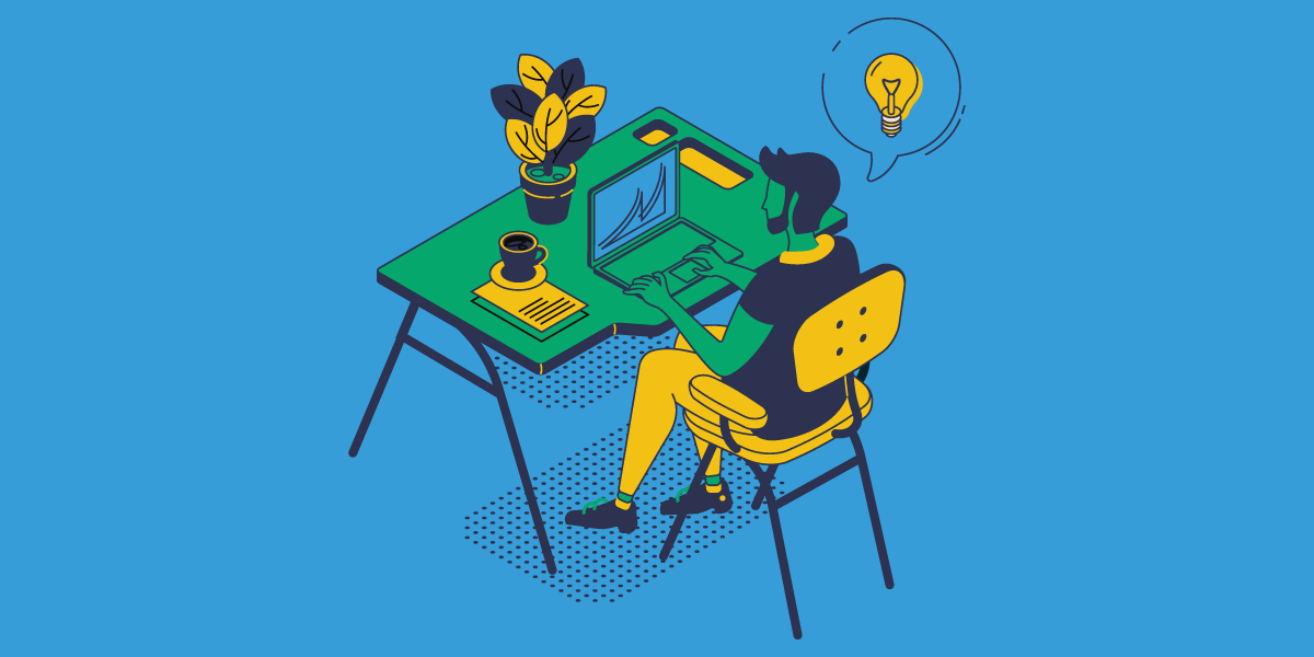 illustration of a man at a desk on a laptop with an idea bubble