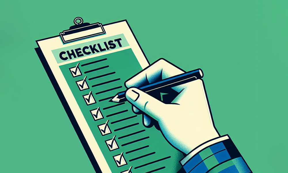 An illustration shows a hand holding a pen, diligently marking off boxes on a Year-End Accounting Checklist attached to a clipboard. Set against a green background, the checklist features multiple accounting tasks already checked off, symbolizing the process of closing the books efficiently.