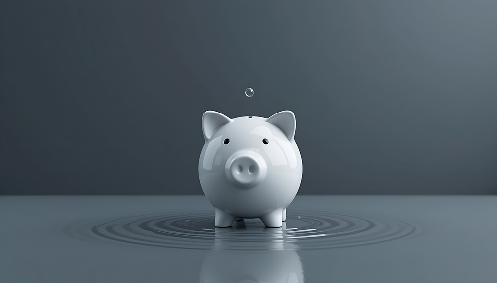 White piggy bank with a water droplet above it, symbolizing liquidity, on a reflective surface with ripples.